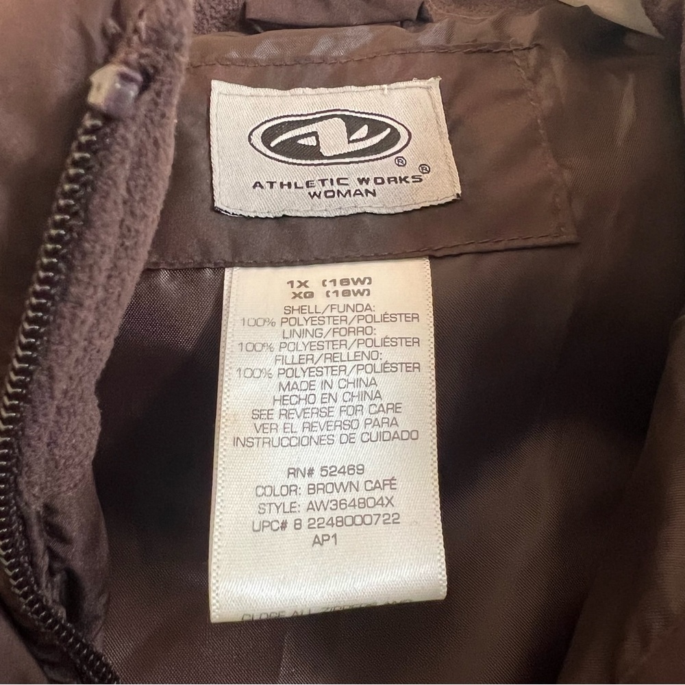 Athletic Works Brown Zip Up Quilted Puffer Coat Jacket Lightweight Size 1X - Picture 3 of 3